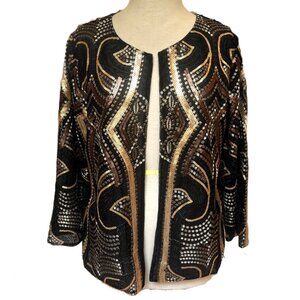 Chico's Sheer Sequin & Embroidered Jacket 3/4 Sleeve Black Metallic Gold Medium